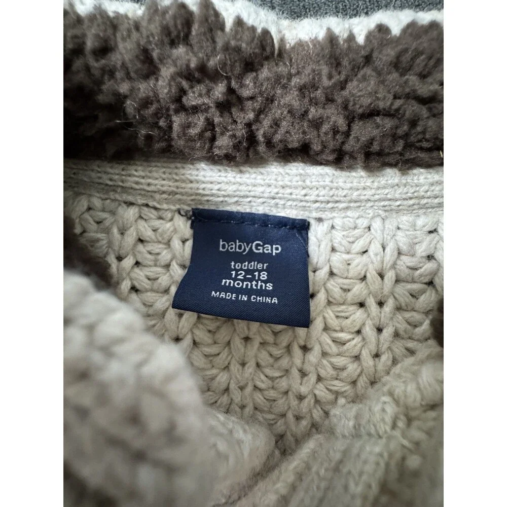 BabyGap Boys 12/18 Beige Cable Knit Sweater~Brown Sherpa Lined Collar